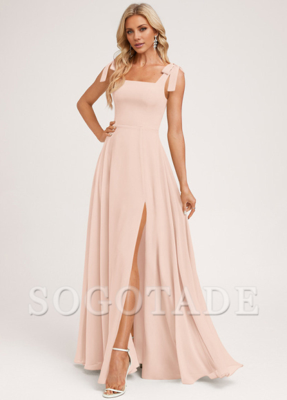 A-shaped square bow landing chiffon bridesmaid dress