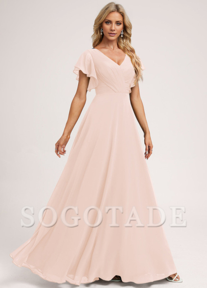 Ruffle A-line V-neck and floor chiffon bridesmaid dress