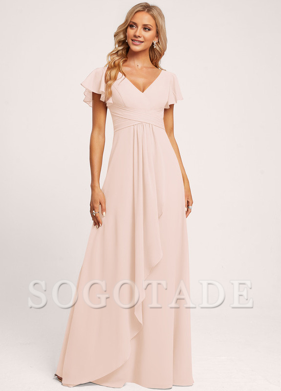 Ruffle A-line V-neck and floor chiffon bridesmaid dress