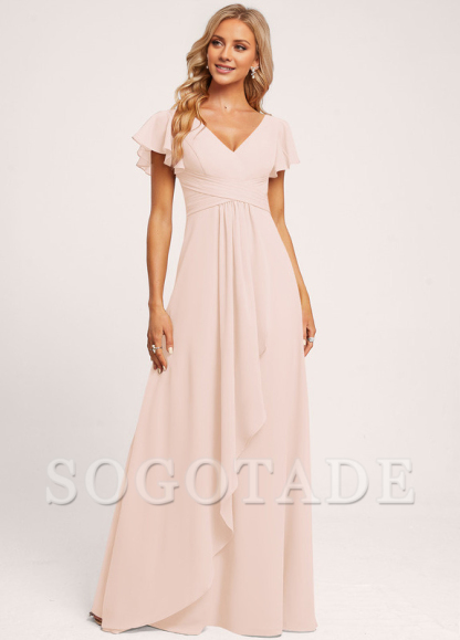 Ruffle A-line V-neck and floor chiffon bridesmaid dress