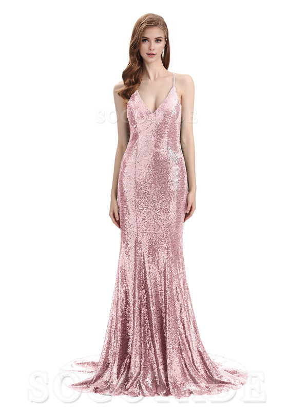 Deep V Neck Sexy Spaghetti Strap Backless Sequins Floor-Length Bridesmaid Dresses Bridesmaid Dresses Formal Women's Dresses Wedding Guest Dresses