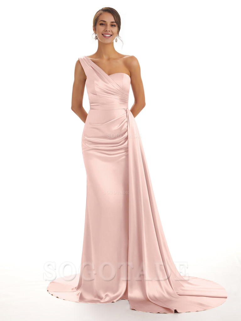 Elegant One Shoulder Soft Satin Unique Mermaid Long Bridesmaid Dresses Online prom dresses shops