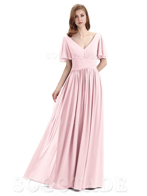 A-Line Chiffon Short Sleeves Elegant Floor-Length Bridesmaid Dresses Formal Women's Dresses Wedding Guests Dresses