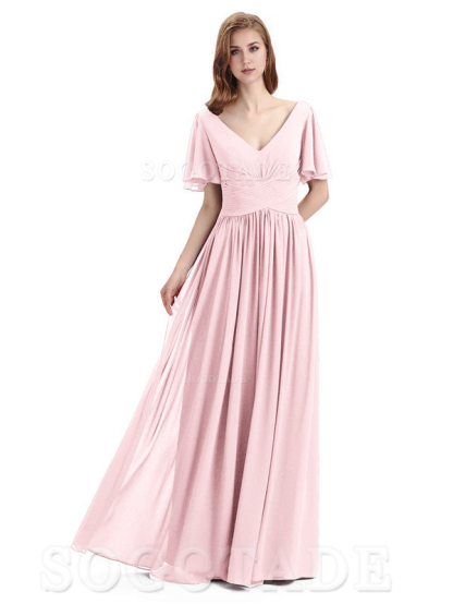 A-Line Chiffon Short Sleeves Elegant Floor-Length Bridesmaid Dresses Formal Women's Dresses Wedding Guests Dresses