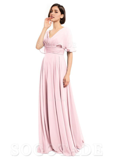  V-Neck Cap Sleeves Sleeves Chiffon Long Elegant Bridesmaid Dresses Formal Wear Dresses
