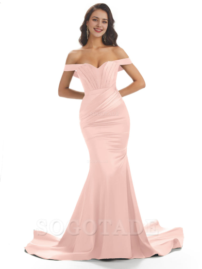 Sexy Mermaid Off The Shoulder Floor-Length Long Soft Satin Bridesmaid Dresses Online prom shop dresses