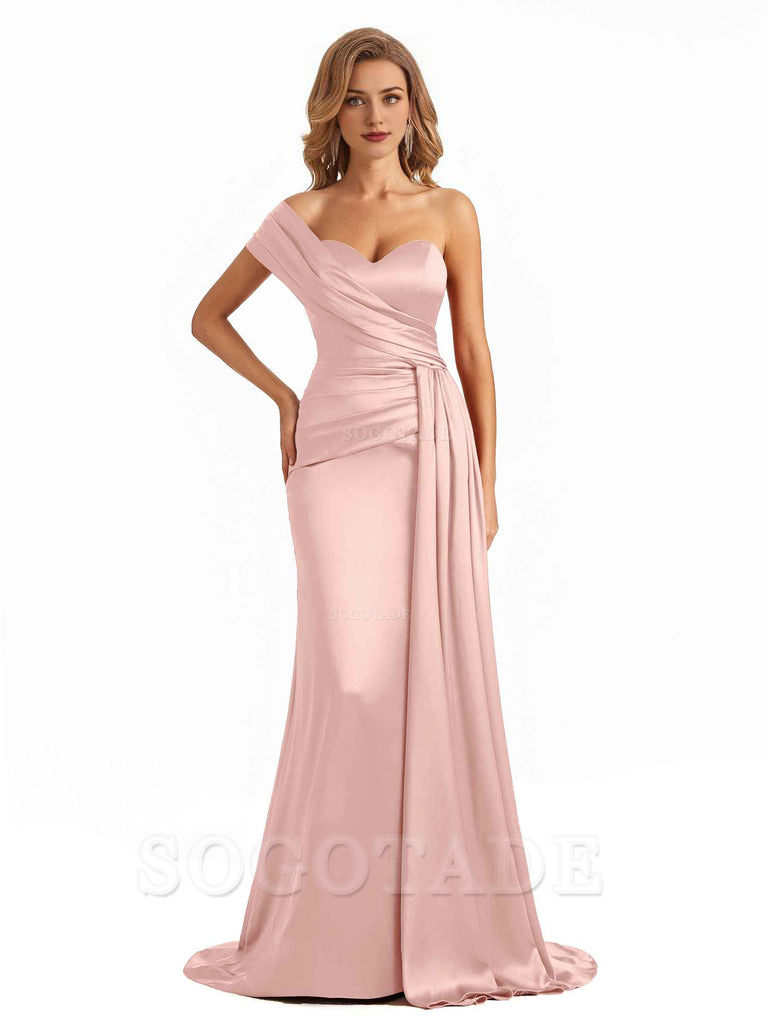 Elegant One Shoulder Soft Satin Long Mermaid Bridesmaid Dresses Online prom shop dresses ﻿