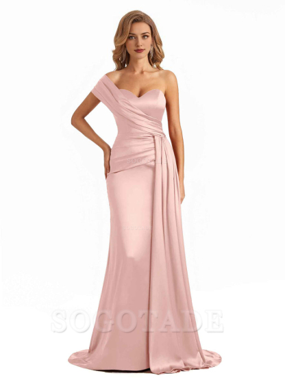 Elegant One Shoulder Soft Satin Long Mermaid Bridesmaid Dresses Online prom shop dresses ﻿