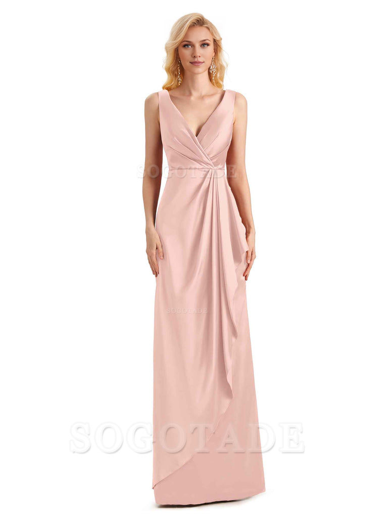 V Neck Elegant Soft Satin Formal Long Maid Bridesmaid Dresses Formal Wear Dresses