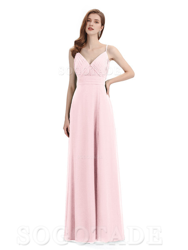 Chiffon V-Neck Spaghetti Strap Floor-Length Side Fork Long Bridesmaid Dresses Formal Women's Dresses Wedding Guests Dresses