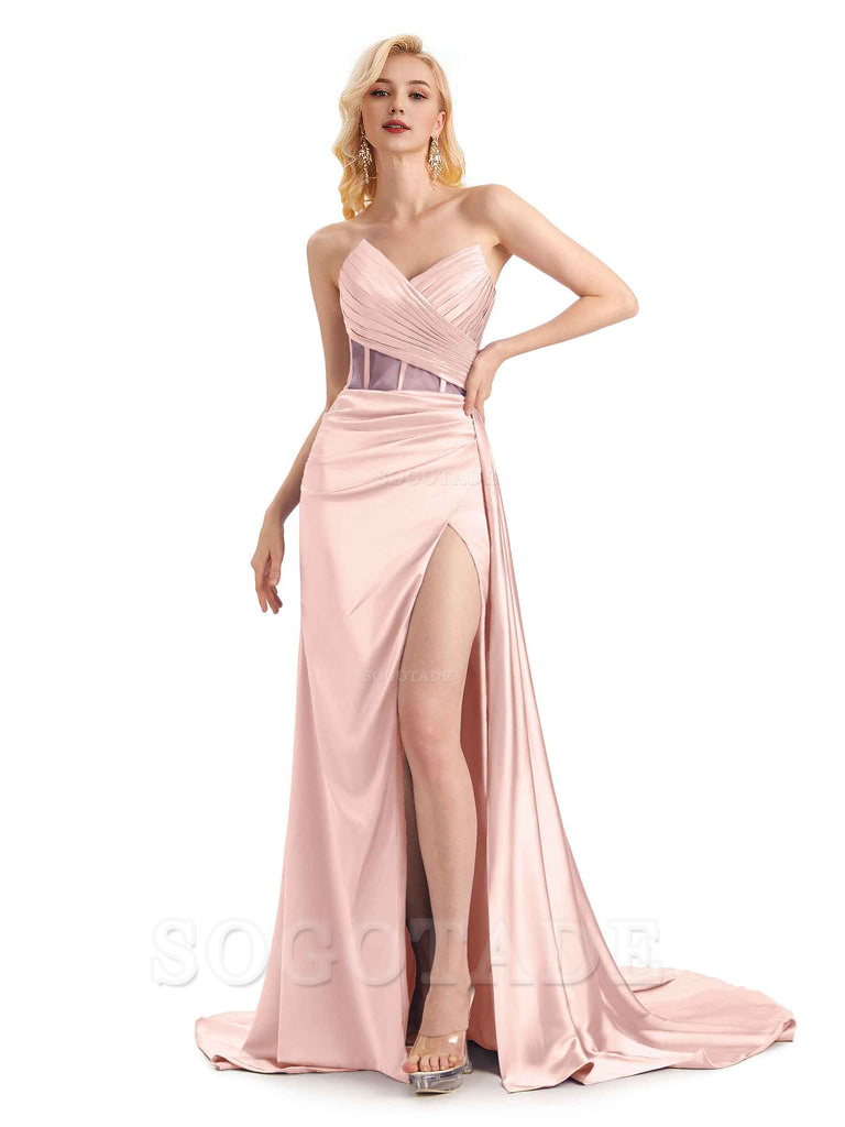 Sexy Soft Satin Side Slit See Through Floor-Length Long Mermaid Bridesmaid Dresses prom shop dresses