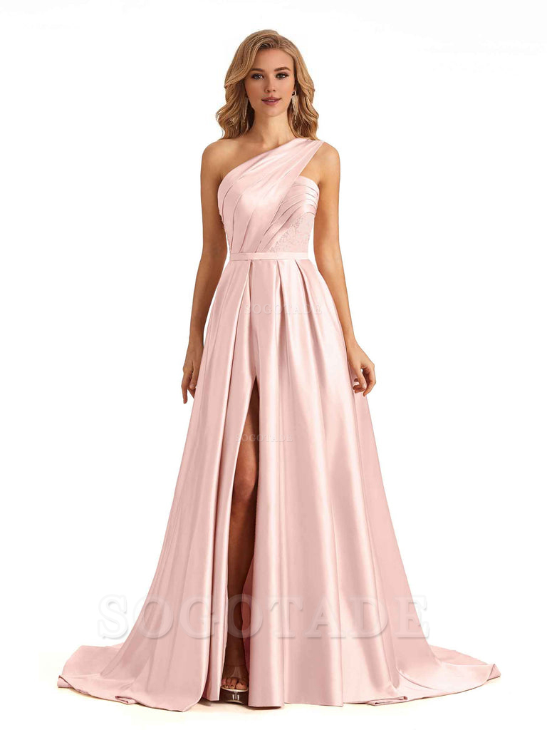Sexy Side Slit One Shoulder A-Line Soft Satin Long Bridesmaid Dresses Online prom dress in store