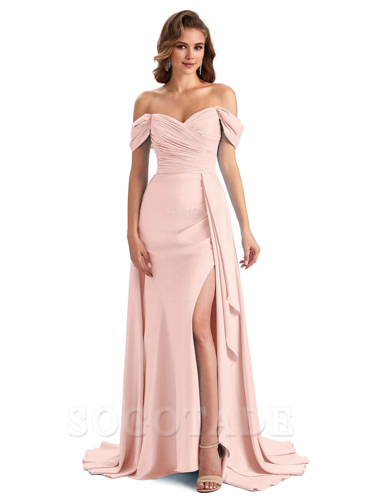 Sexy Side Slit Mermaid Soft Satin Off The Shoulder Long Unique Bridesmaid Dresses prom dress in store