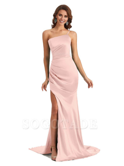 Sexy Silky Satin Side Slit One Shoulder Unique Long Wedding Guest Maxi Dresses