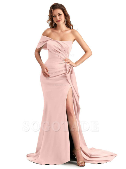 Sexy Side Slit Mermaid Silky Satin One Shoulder Chic Long Maid Of Honor Dresses