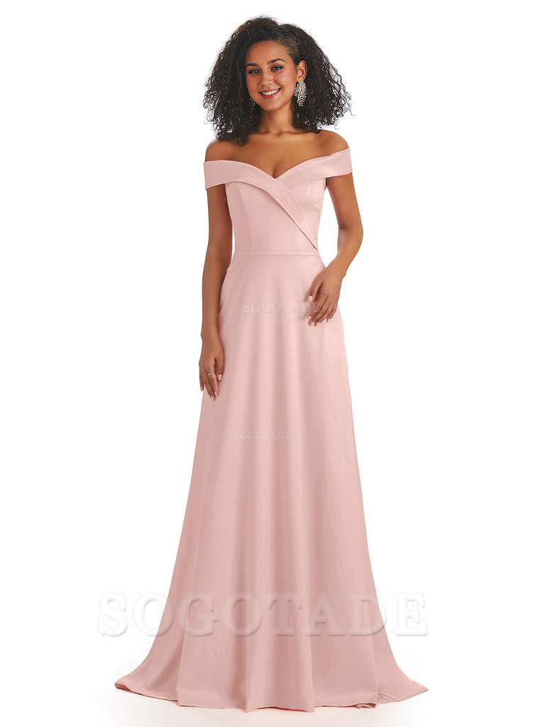 Soft Satin Off The Shoulder Long A-Line African Bridesmaid Dresses prom dress stores ﻿