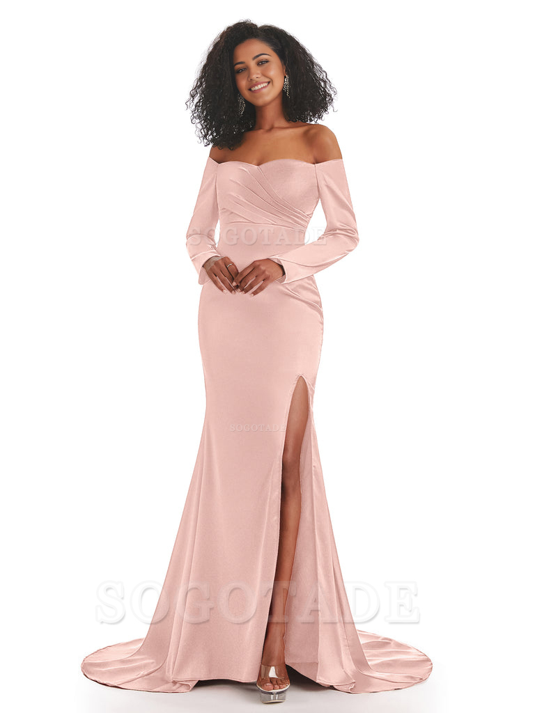 Mermaid Long Sleeve Satin formal dresses evening gown Bridesmaid Dresses With Side Slit 