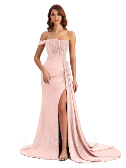 Mermaid Off Shoulder Applique formal dresses evening gown Bridesmaid Dresses With Side Slit 