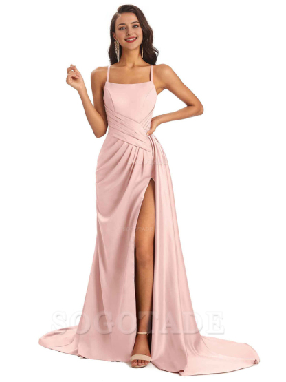 Sexy Soft Satin Side Slit Spaghetti Straps Long Maxi Bridesmaid Dresses prom shop dresses