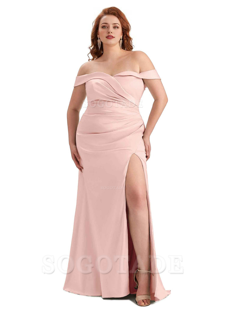 Sexy Side Slit Off Shoulder Mermaid Soft Satin Long Plus Size Bridesmaid Gowns For Wedding