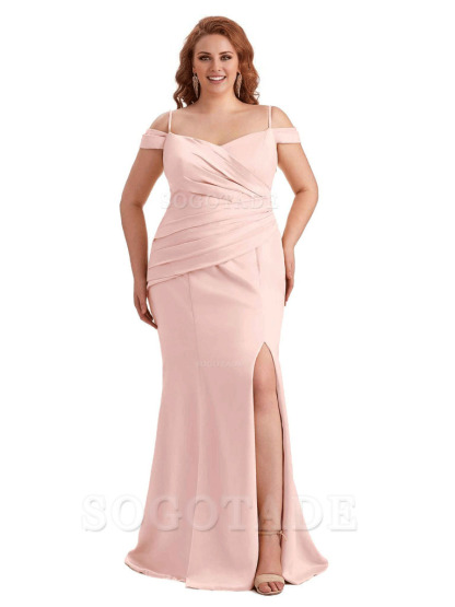 Elegant Cold Shoulder Side Slit Mermaid Soft Satin Long Plus Size Bridesmaid Gowns