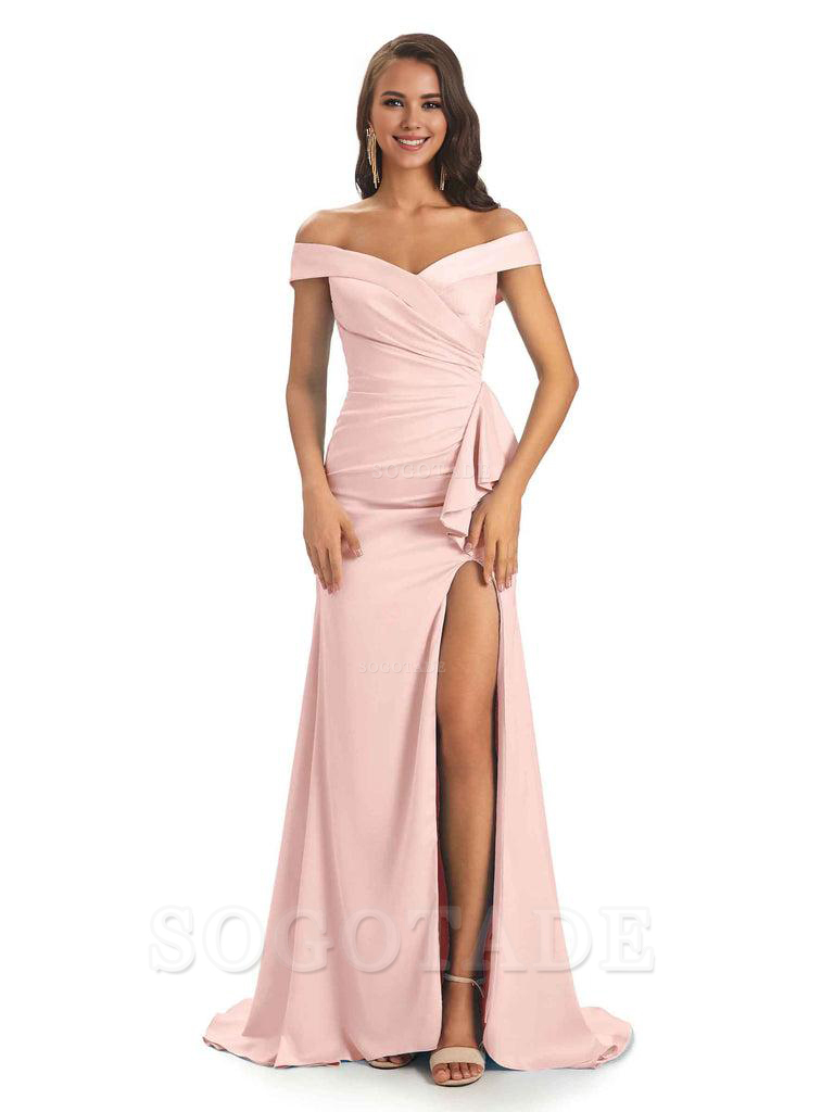 Sexy Soft Satin Side Slit Off The Shoulder Maxi Long Mermaid Bridesmaid Dresses prom shop dresses
