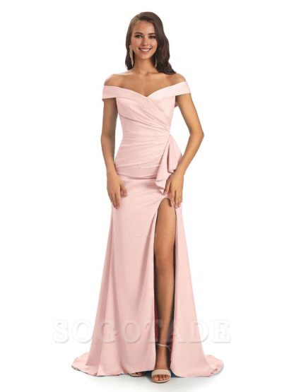 Sexy Soft Satin Side Slit Off The Shoulder Maxi Long Mermaid Bridesmaid Dresses prom shop dresses