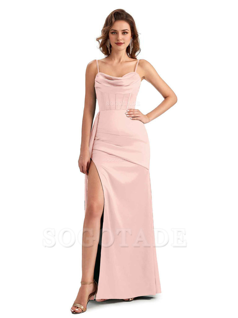 Sexy Side Slit Mermaid Silky Satin Spaghetti Straps Unique Wedding Guest Dresses