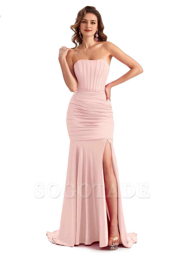 Sexy Strapless Side Slit Mermaid Silky Satin Formal Bridesmaid Dresses