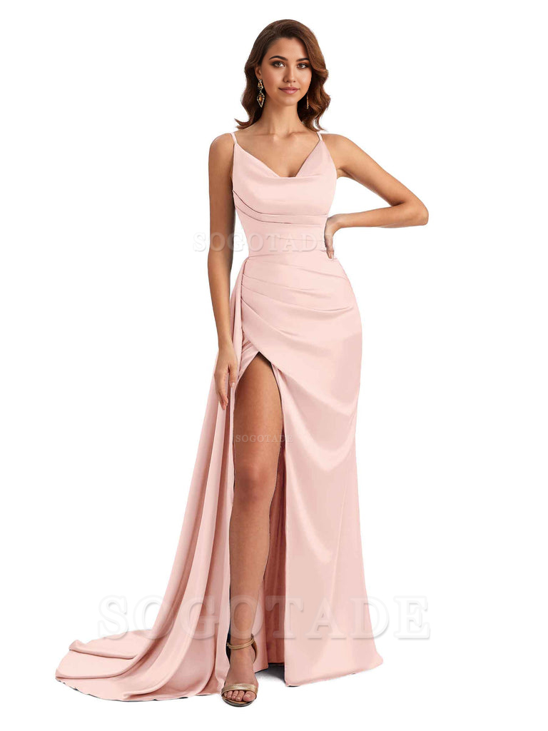 Mermaid Cowl Spaghetti Satin formal dresses evening gown Bridesmaid Dresses With Side Slit