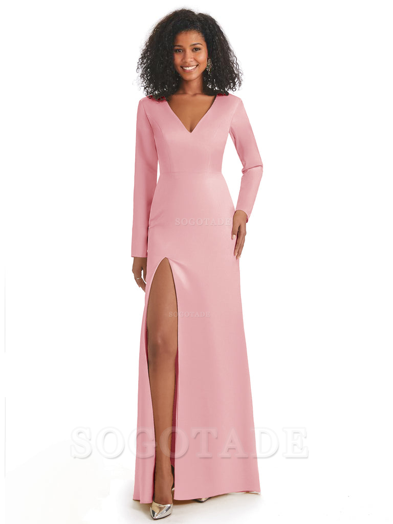 Soft Satin Side Slit Long Sleeves V-Neck Long African Mermaid Bridesmaid Dresses Elegant Evening Party Dress