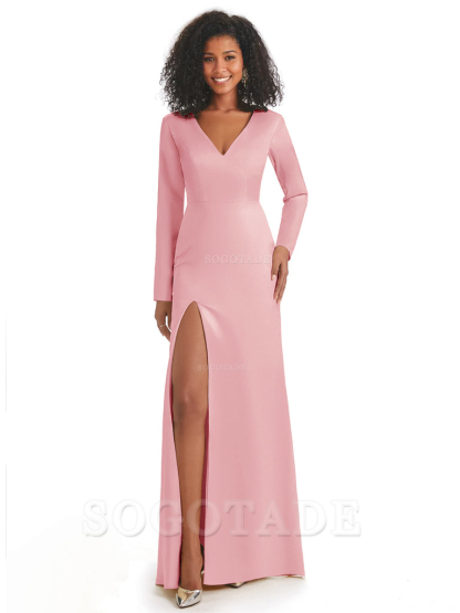 Soft Satin Side Slit Long Sleeves V-Neck Long African Mermaid Bridesmaid Dresses Elegant Evening Party Dress
