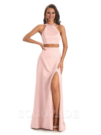 Soft Satin Two-Pieces Halter Side Slit Sexy Fashion Bridesmaid Dresses Charming Evening Party Dress