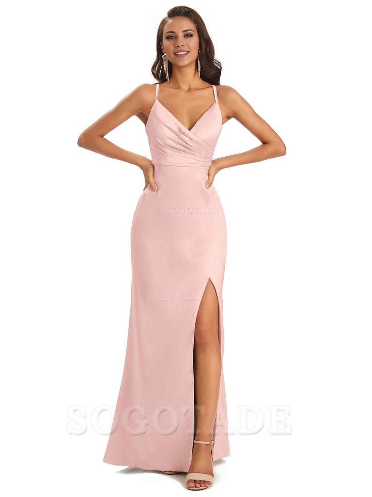 Soft Satin Side Slit Spaghetti Straps Long Unique Mermaid Bridesmaid Dresses Elegant Evening Party Dress