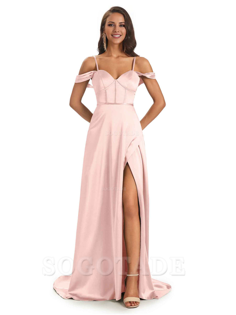Stylish Soft Satin Side Slit Spaghetti Straps Bridesmaid Dresses Elegant Evening Party Dress
