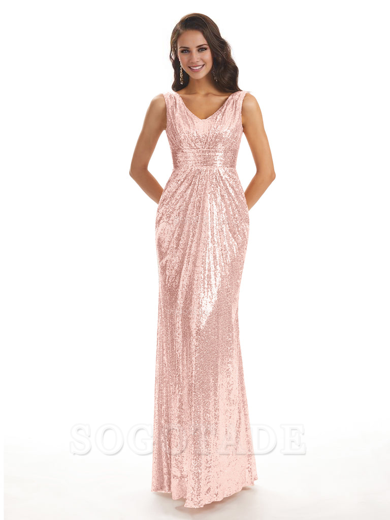 Sparkly V-Neck Sequin Long Mermaid Bridesmaid Dresses Sleeveless Charming Evening Party Dress