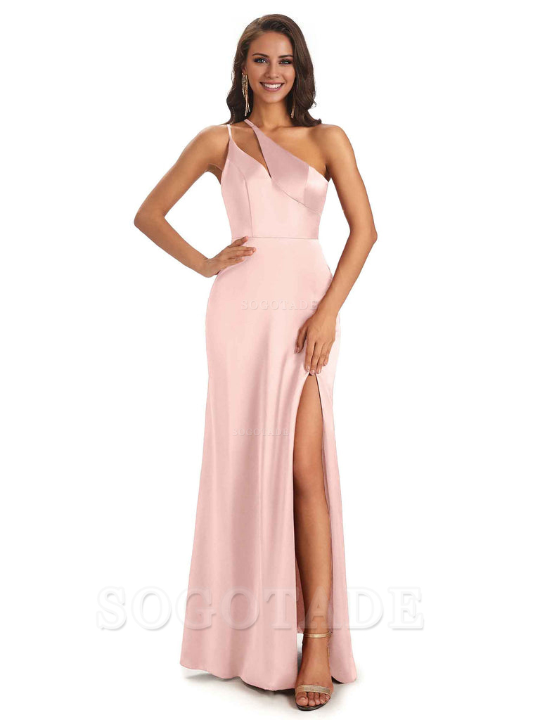 Sexy Soft Satin Side Slit One Shoulder Floor-Length Mermaid Long Bridesmaid Dresses Elegant Evening Party Dress