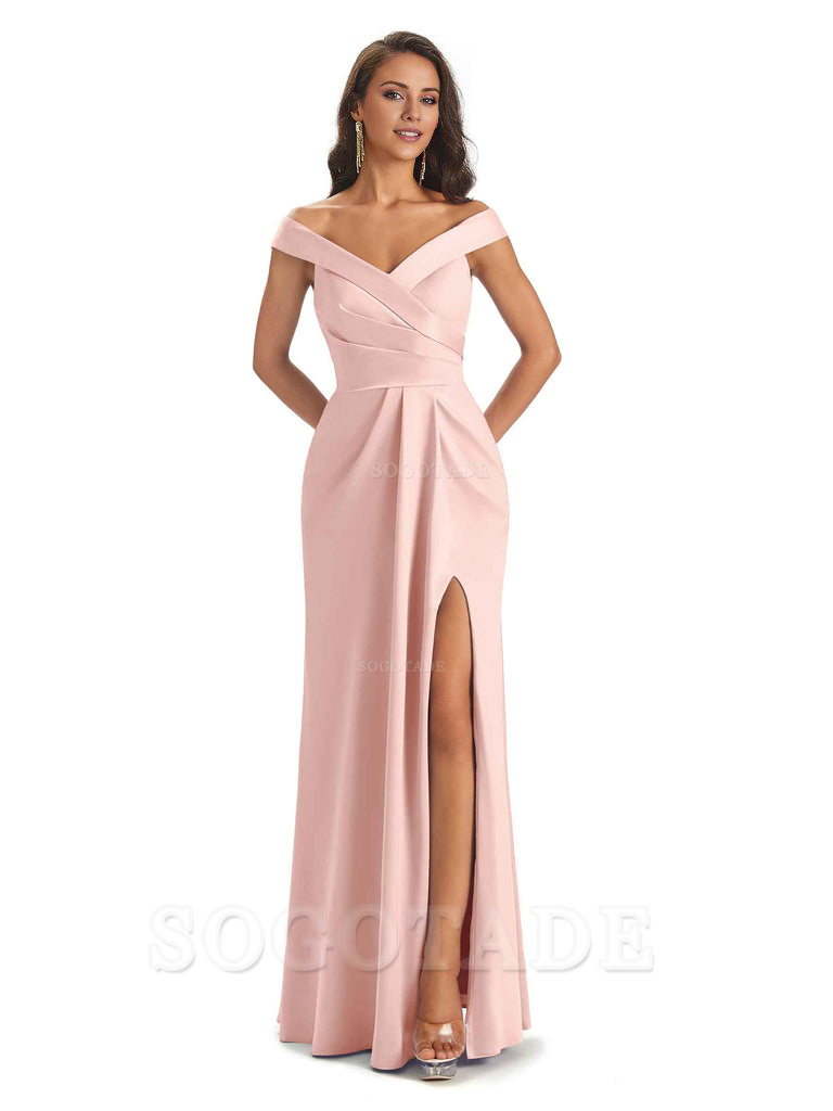 Sexy Soft Side Slit Off Shoulder V-Neck Long Satin Ladies Bridesmaid Dresses Elegant Evening Party Dress