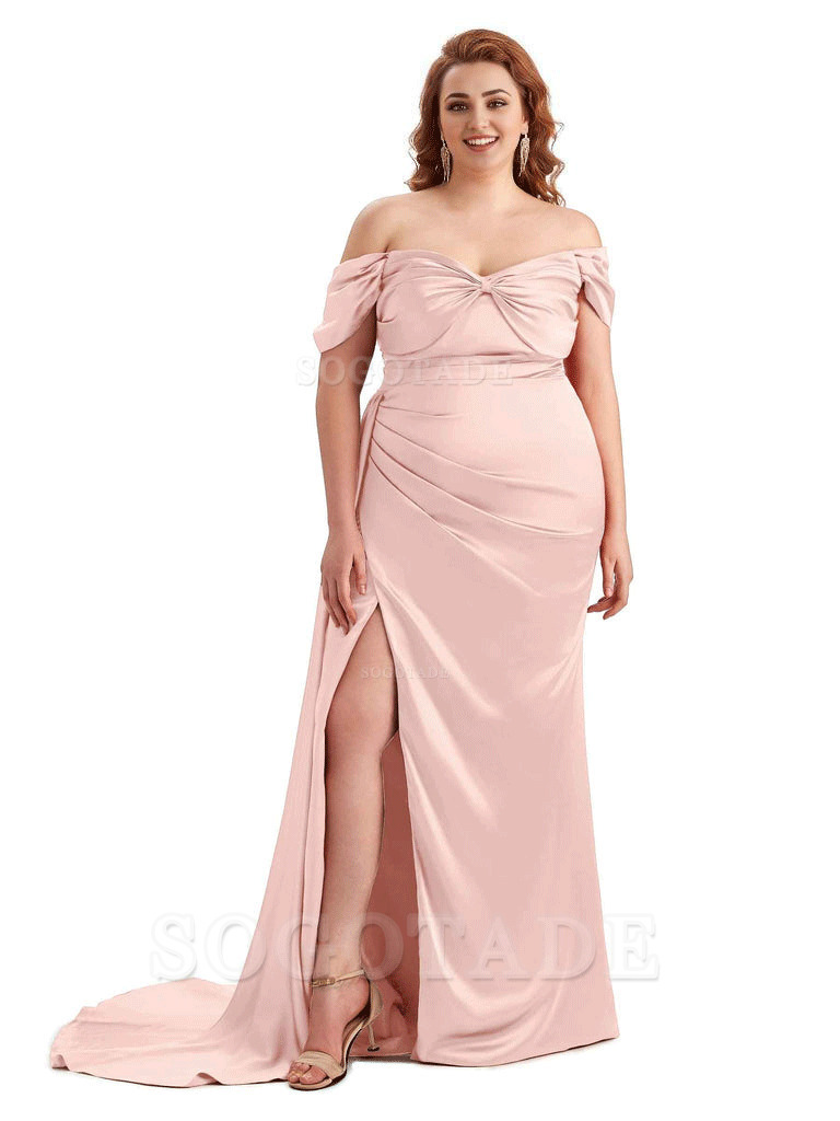  Sexy Side Slit Off The Shoulder Mermaid Soft Satin Long Plus Size Bridesmaid Dress For Wedding