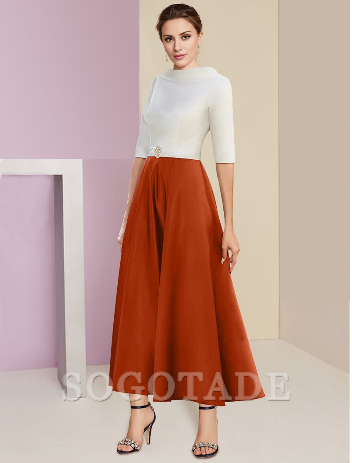 A-Line Mother of the Bride Dress Wedding Guest Elegant Vintage Jewel Neck Tea Length Charmeuse Half Sleeve with Pleats Crystals