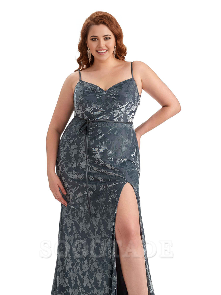 Sexy Side Hight Split Sleeveless Mermaid Spaghetti Straps Floral Velvet Long Plus Size Bridesmaid Gowns