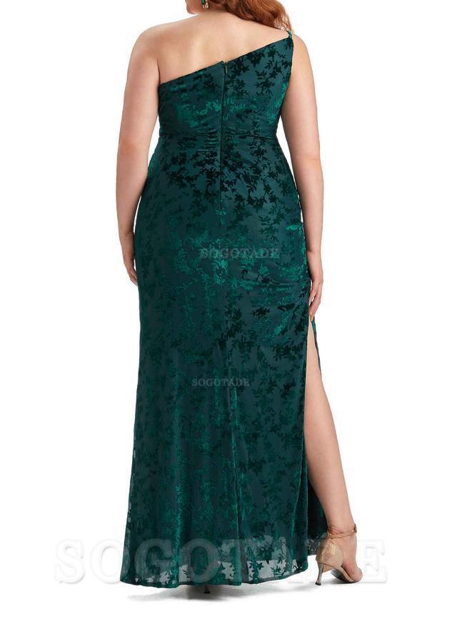 Sexy Mermaid Sleeveless One Shoulder Side Slit Floral Velvet Long Plus Size Bridesmaid Dresses