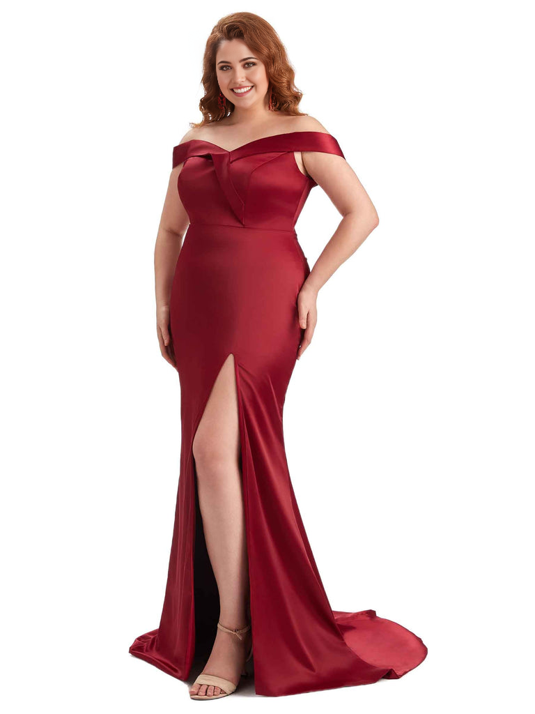 Elegant Off The Shoulder Sleeveless Side Slit Mermaid Soft Satin Long Plus Size Bridesmaid Gowns
