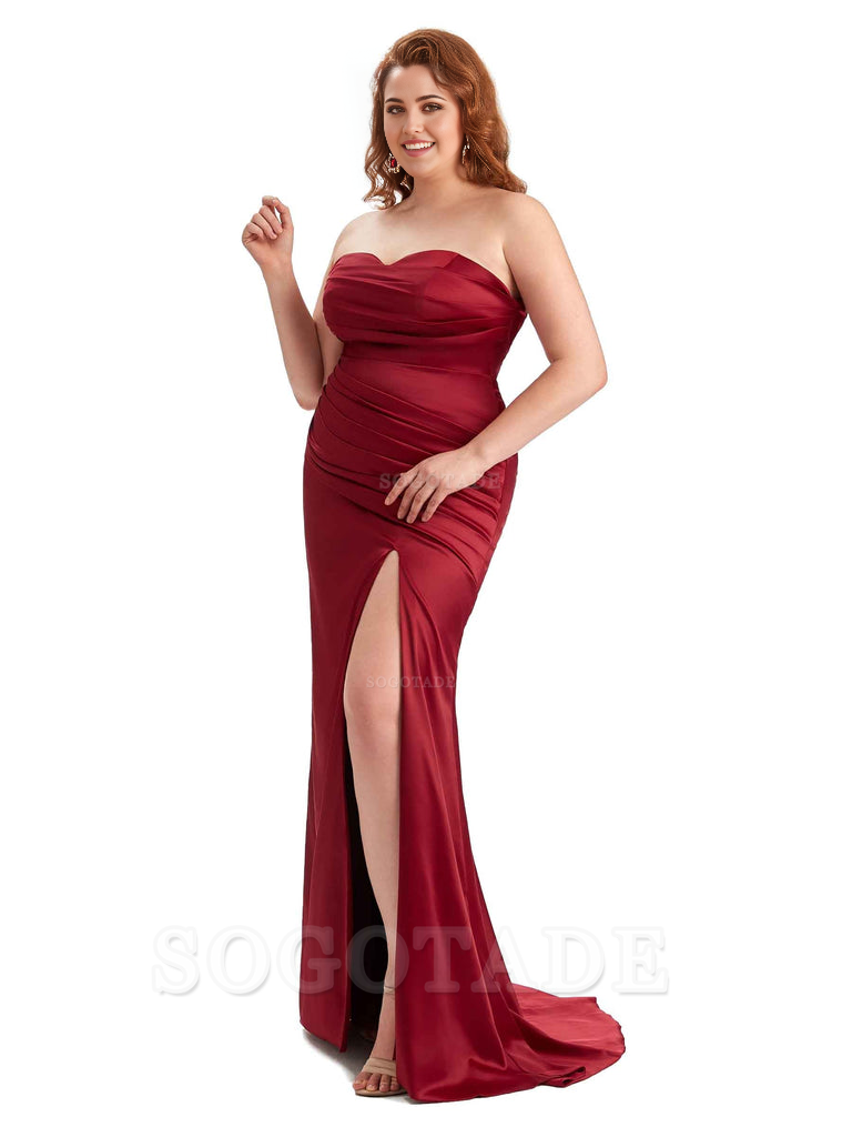 Sexy Side Slit Sleeveless Mermaid Soft Satin Long Plus Size Bridesmaid Dress For Wedding