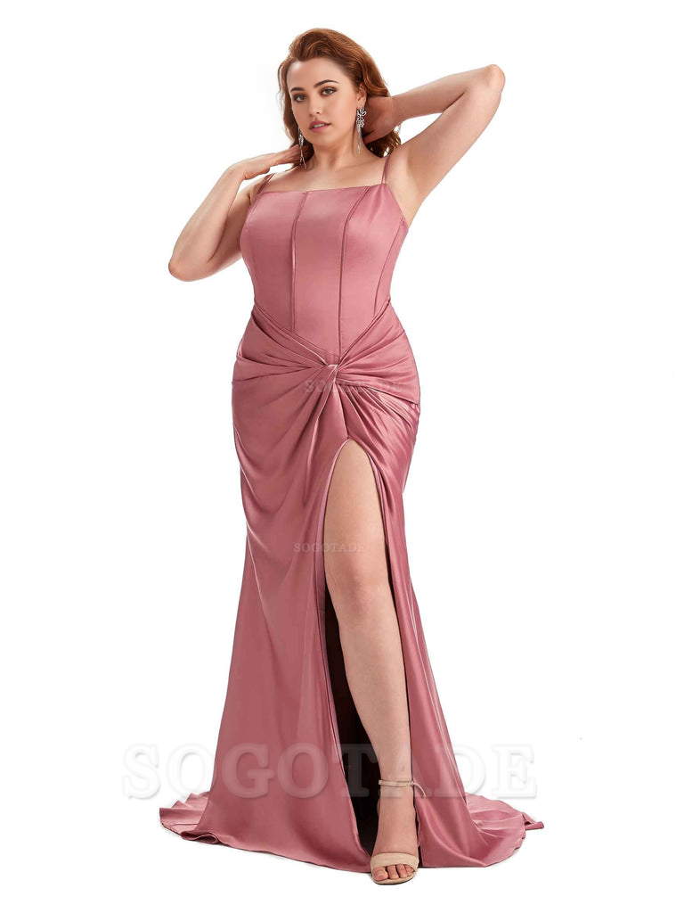 Sexy Spaghetti Straps Side Slit Mermaid Soft Satin Pleated Floor Length Long Plus Size Bridesmaid Dress