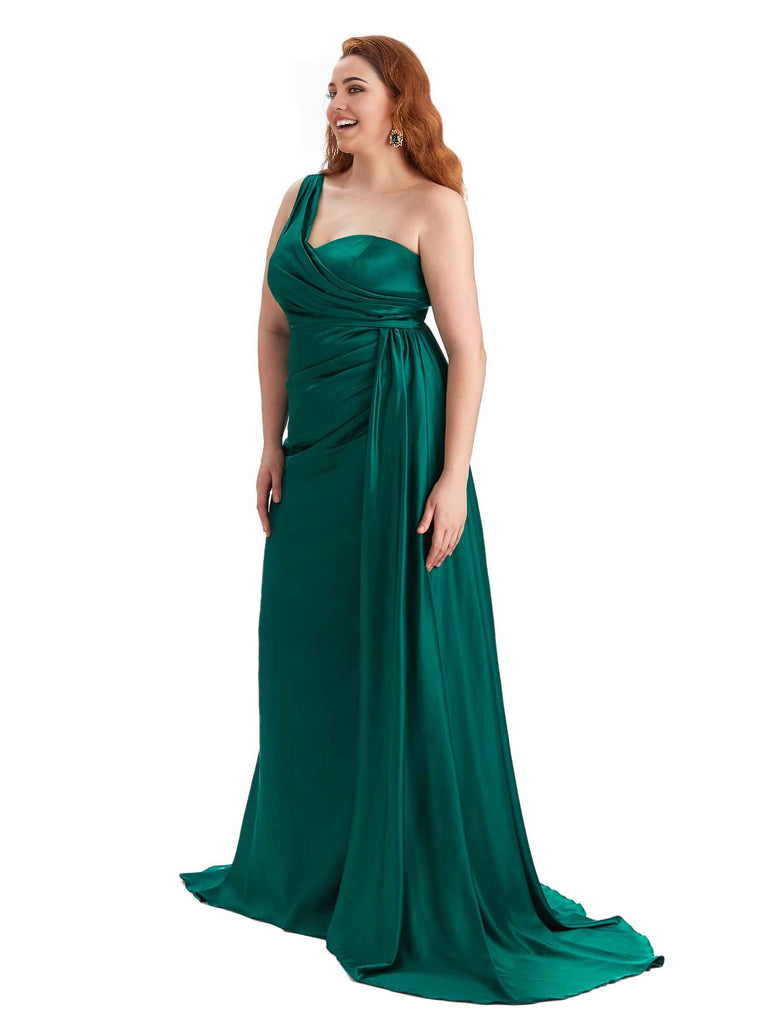 Sexy One Shoulder Sleeveless Mermaid Soft Satin Long Plus Size With Train Bridesmaid Gowns