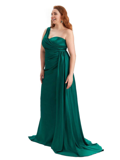 Sexy One Shoulder Sleeveless Mermaid Soft Satin Long Plus Size With Train Bridesmaid Gowns