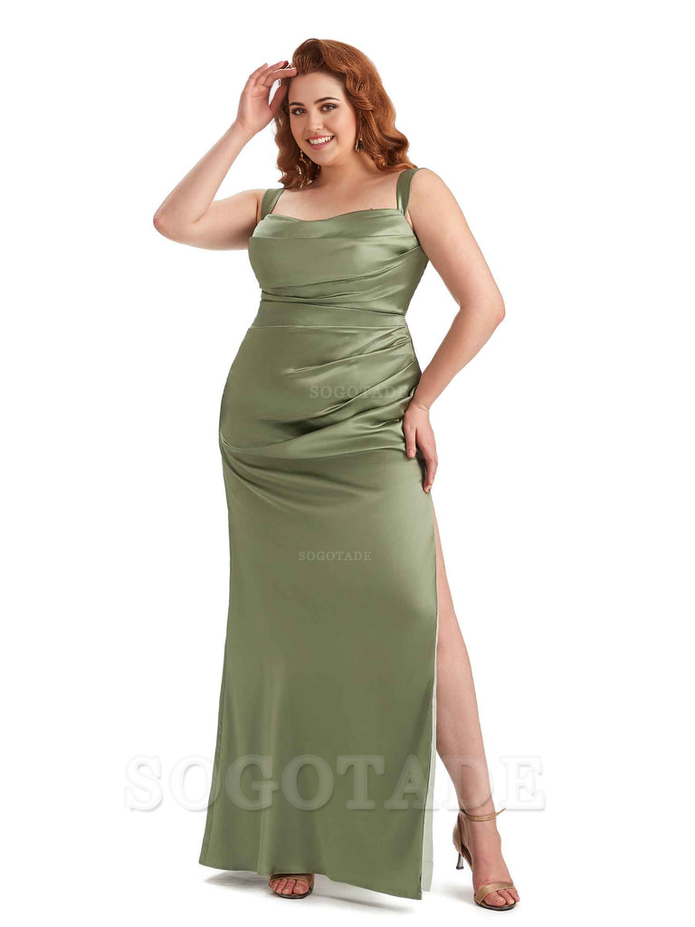 Sexy Side Slit Mermaid Wide Straps Soft Satin Long Plus Size Maid of Bridesmaid Dresses