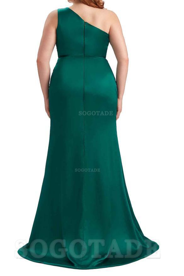 One Shoulder Sexy Side Slit Sleeveless Mermaid Soft Satin Long Plus Size Bridesmaid Dress For Wedding