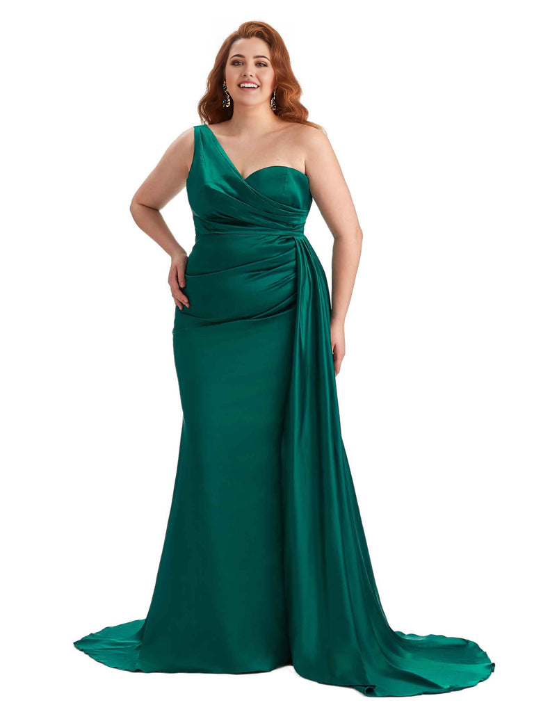 Sexy One Shoulder Sleeveless Mermaid Soft Satin Long Plus Size With Train Bridesmaid Gowns